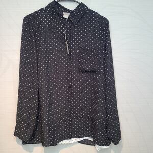Chicos Women's Poly Blouse Long Sleeve Pocket Polka Dot Black White Size 2 New